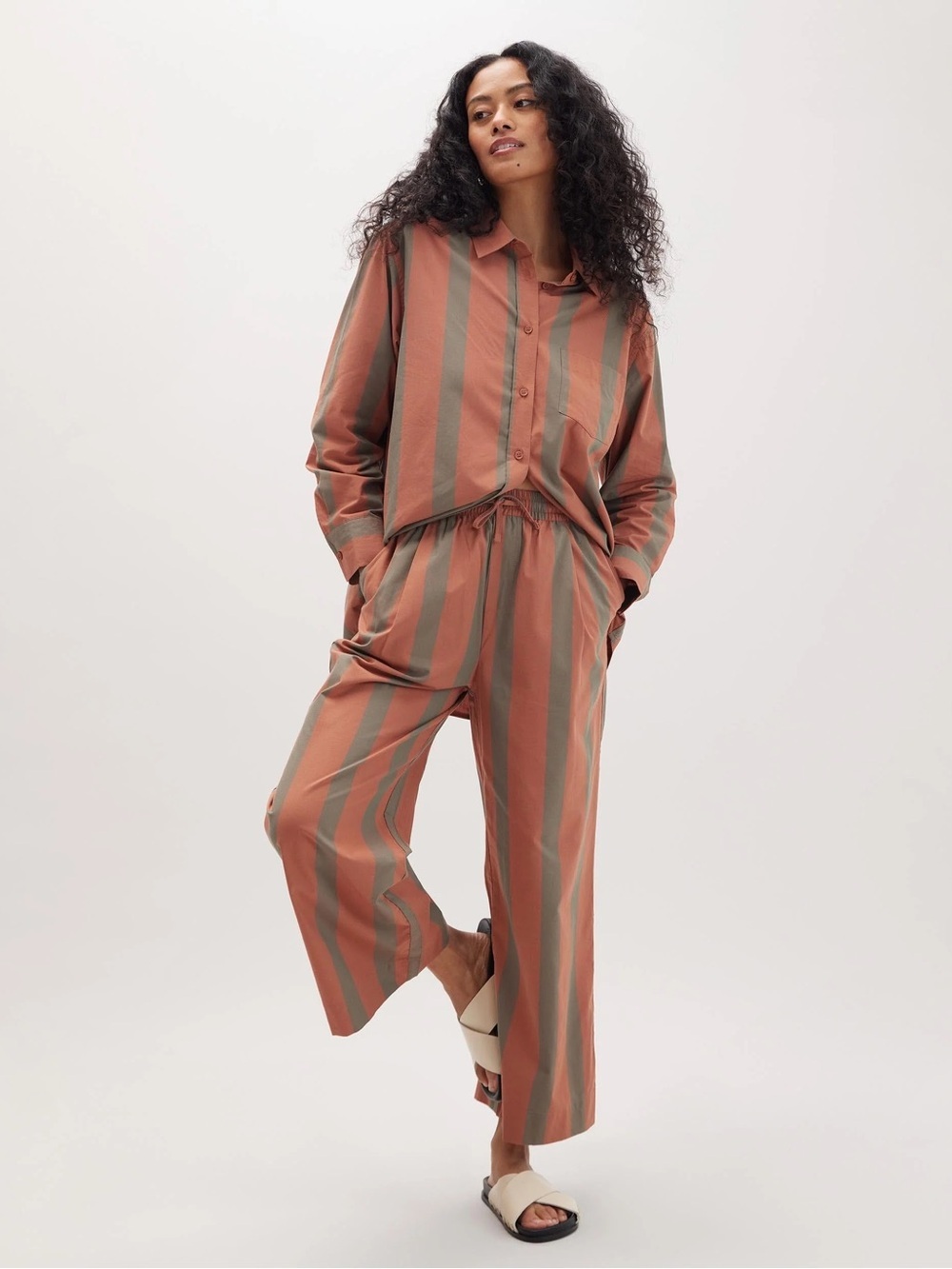 RicherPoorer Venice Drawstring Pants Russet Sage Striped wide leg pullon cotton